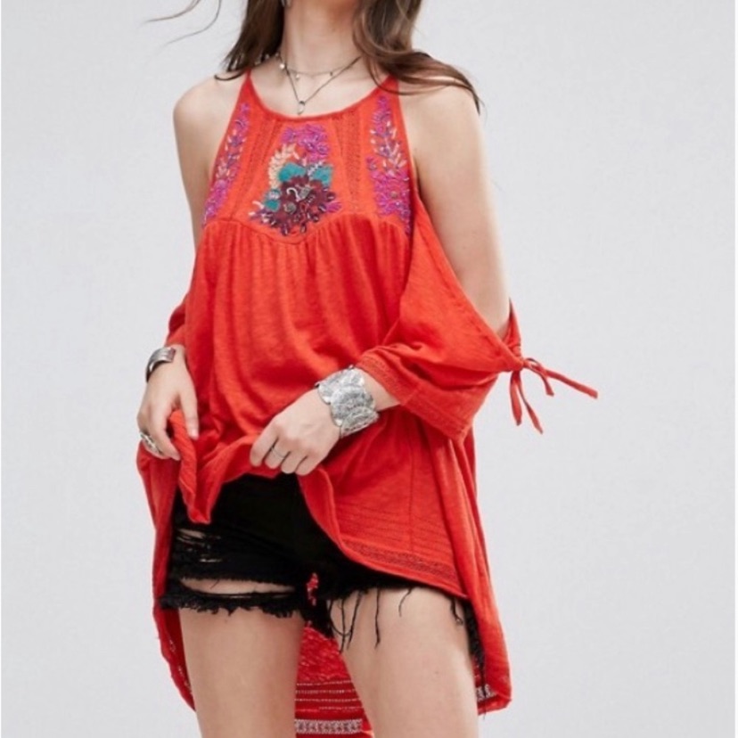 Free People Red Cold Shoulder Embroidered High Low Flowy Boho Fast Time Blouse
